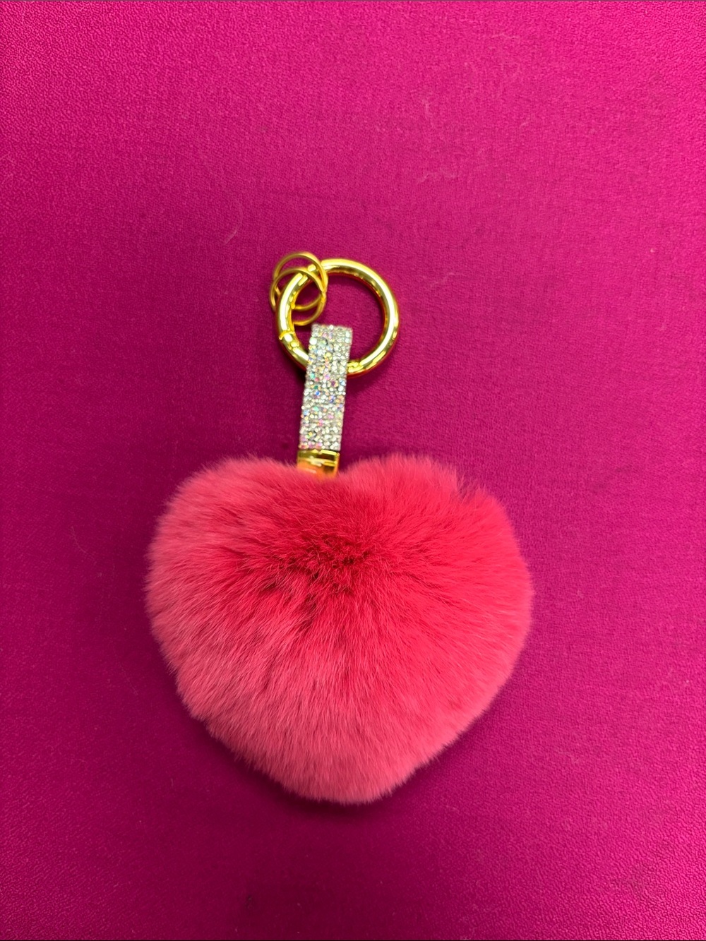 VAKA Plush Heart Pom-Pom Keyring with Gold Crystal Strap - Pink W/O Tag